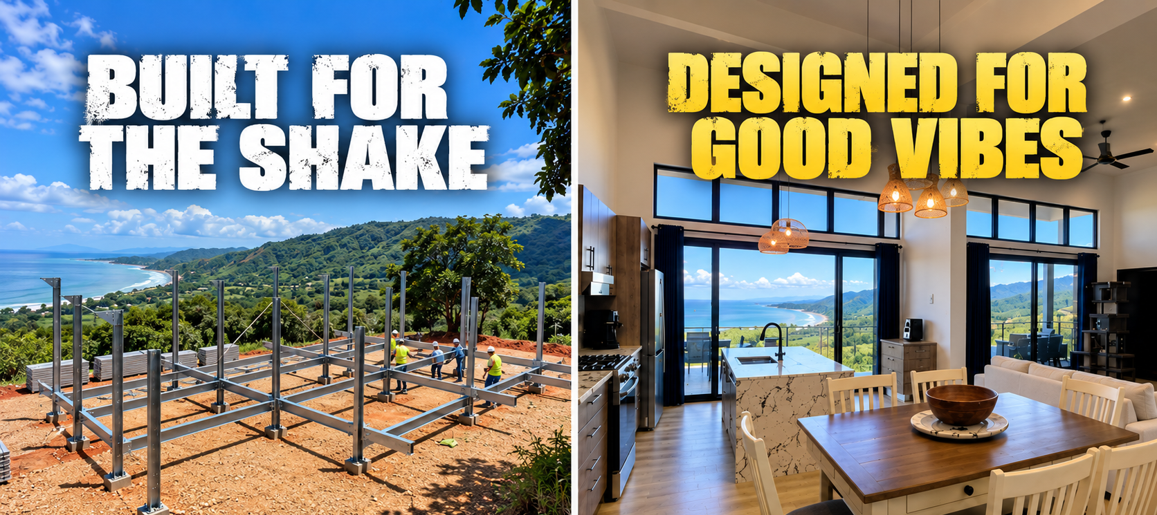 Modulex promotional illustration: a steel structure overlooking the coast beside a furnished home interior. Headings: Built for the Shake; Designed for Good Vibes.