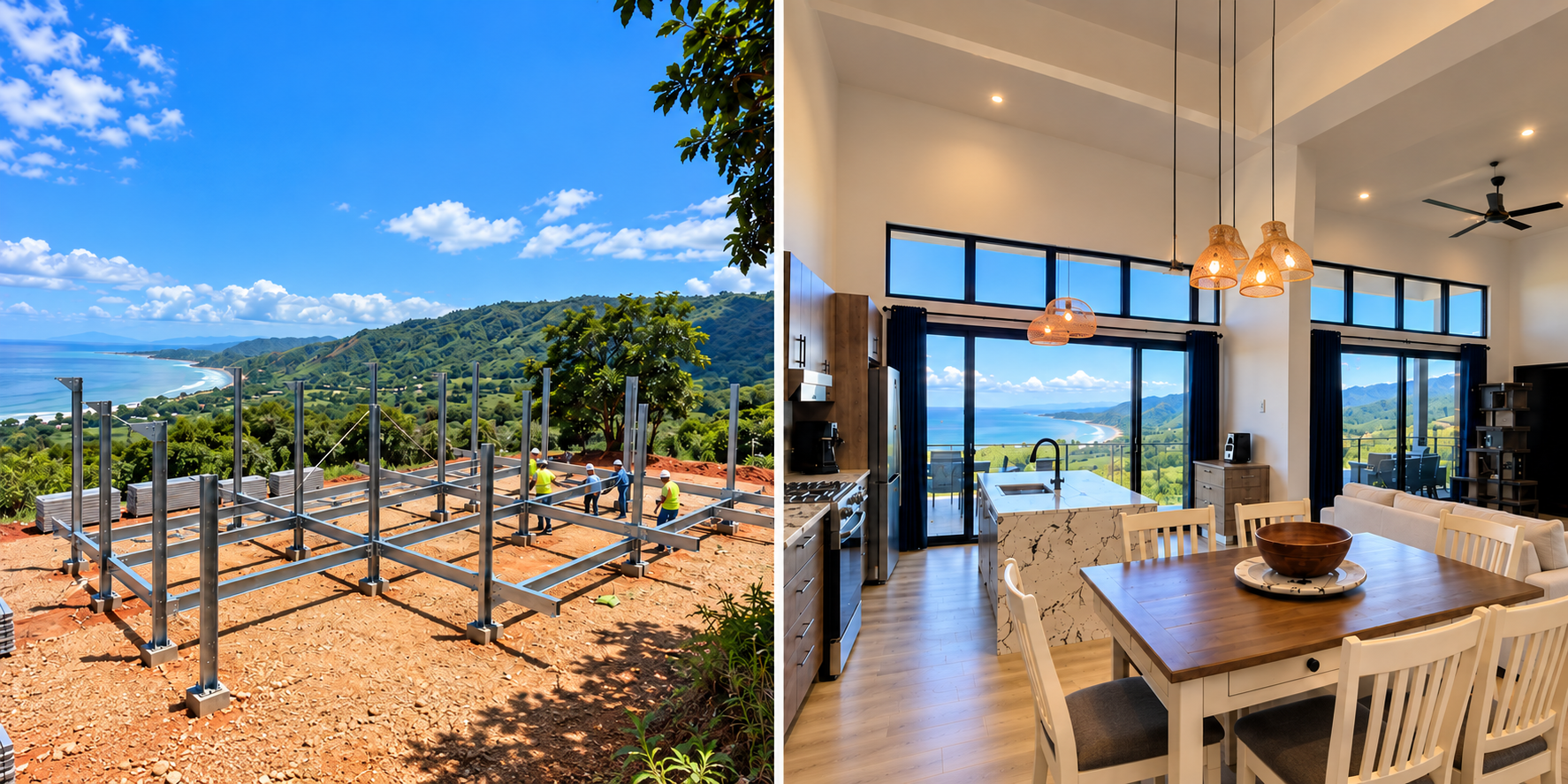Modulex promotional illustration: a steel structure overlooking the coast beside a furnished home interior.